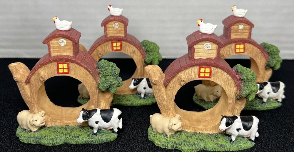 Set 4 NAPKIN RING HOLDER Resin Country Kitchen Cow Pig Ranch Rustic Farmhouse